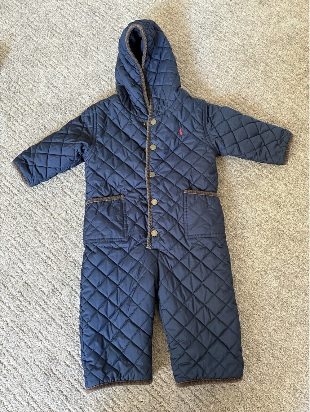 Polo Ralph Lauren Navy Blue 18 Months Quilted Snowsuit One Piece With Hood